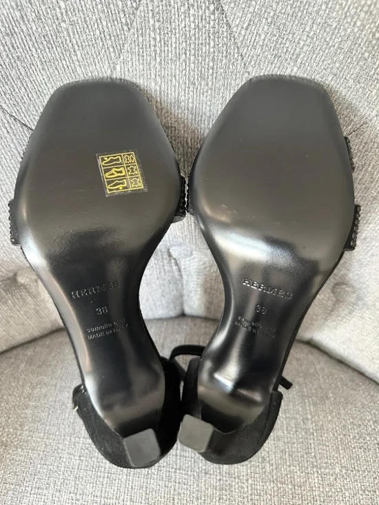 Hermes Joy 105 Noir STRASS Black Suede Leather Ankle Strap Sandals Heels size 38 - Picture 15 of 16